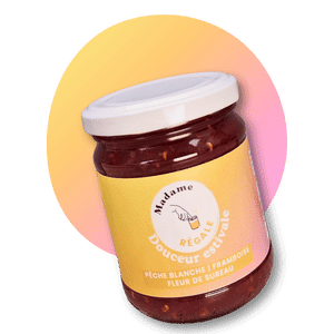 Confiture pêche blanche framboise fleur de sureau 250g